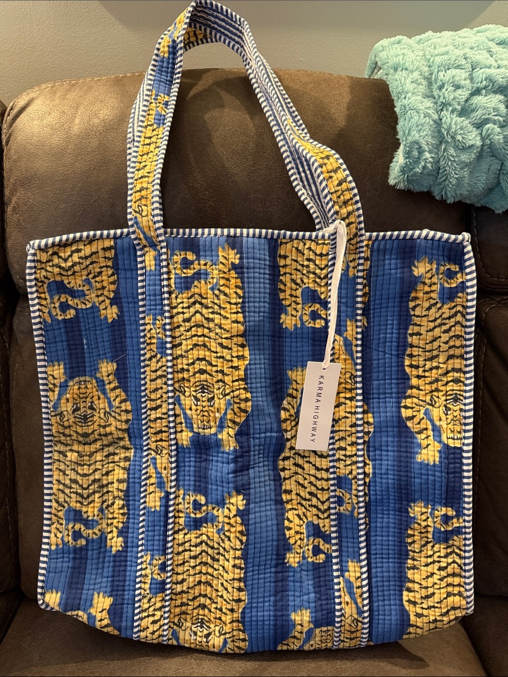 KARMA HIGHWAY Blue & Yellow Tiger Print Quilted Tote